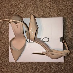 ALDO. Nude with gold heel. Ankle straps.